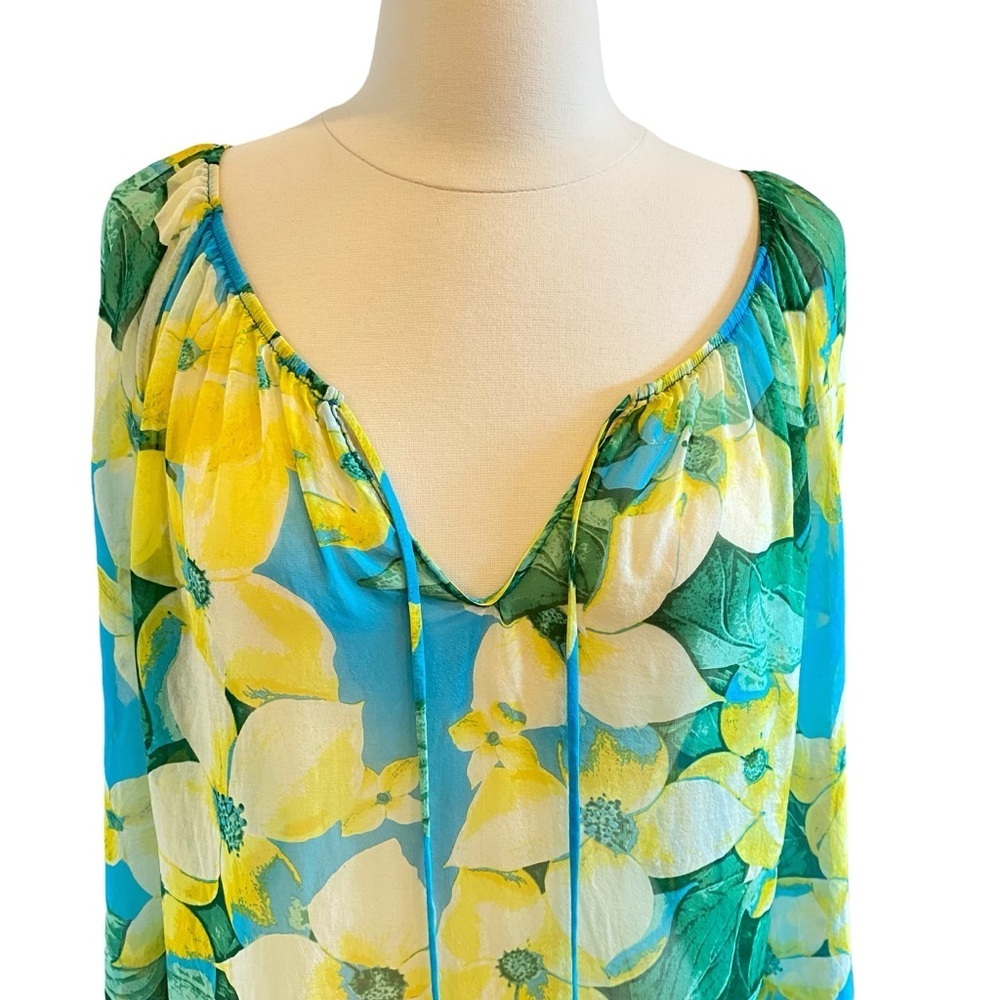 Silk Floral Hawaiian Printed Sheer Long Sleeeve Lightweight Blouse Tie Front - Picture 2 of 13